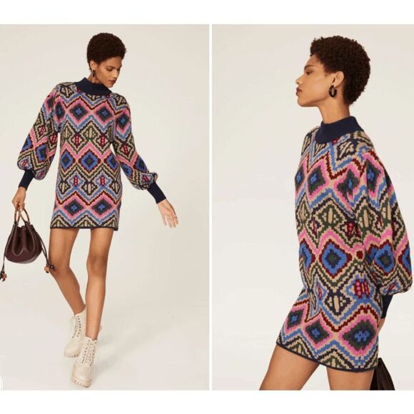 Farm Rio Rauti Sweater Dress Wool Blend Ikat Navy Blue Print Oversized Small